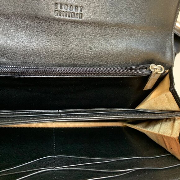 BNWOT Stuart Weitzman Silvertone Studded Black Pebble Leather Long Wallet - Picture 8 of 9